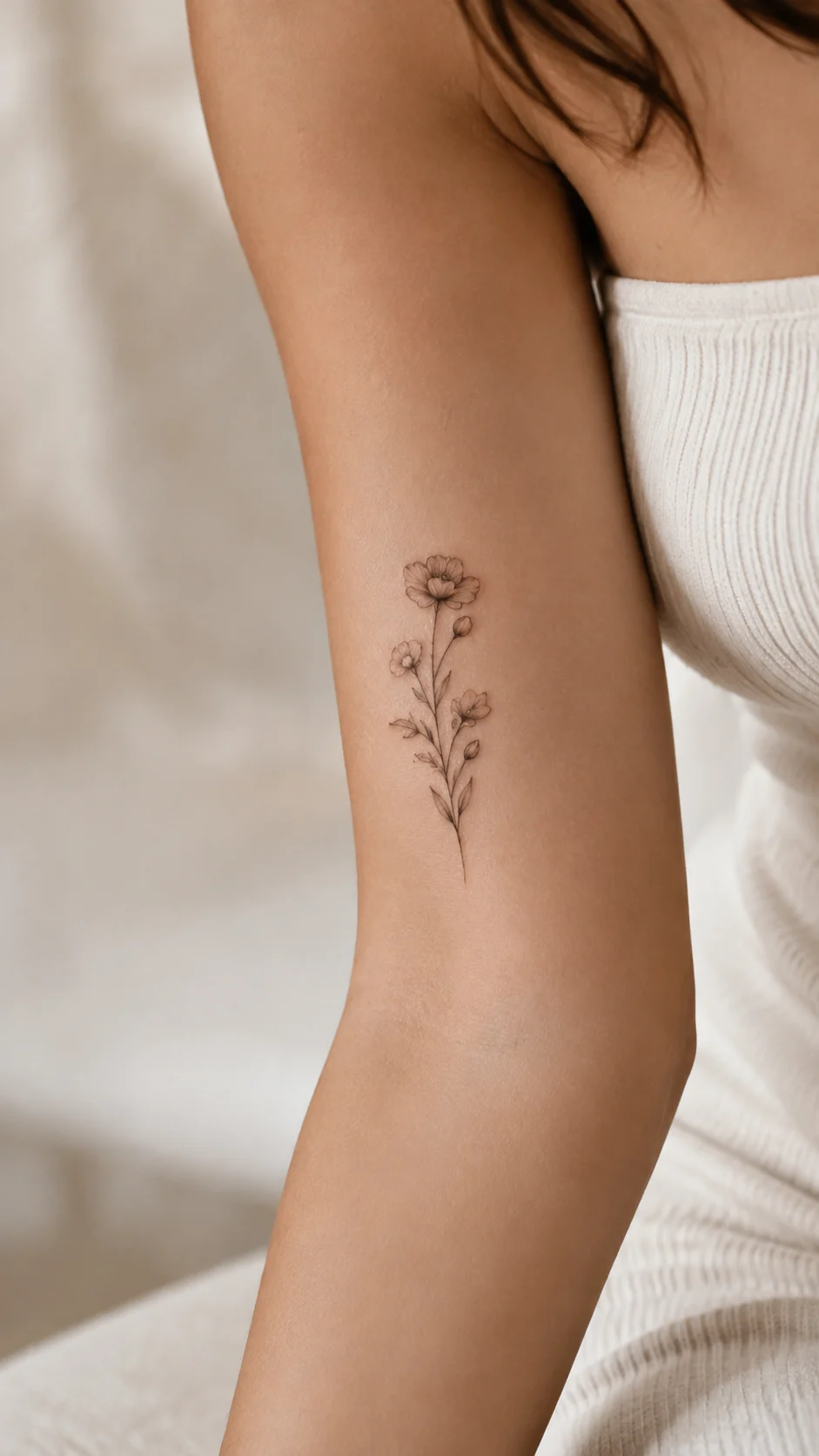 Tatuagem delicada de rosa em aquarela no ombro de uma mulher