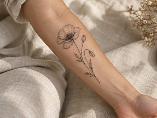 Conceito de tatuagem botânica de papoila em traço fino no antebraço