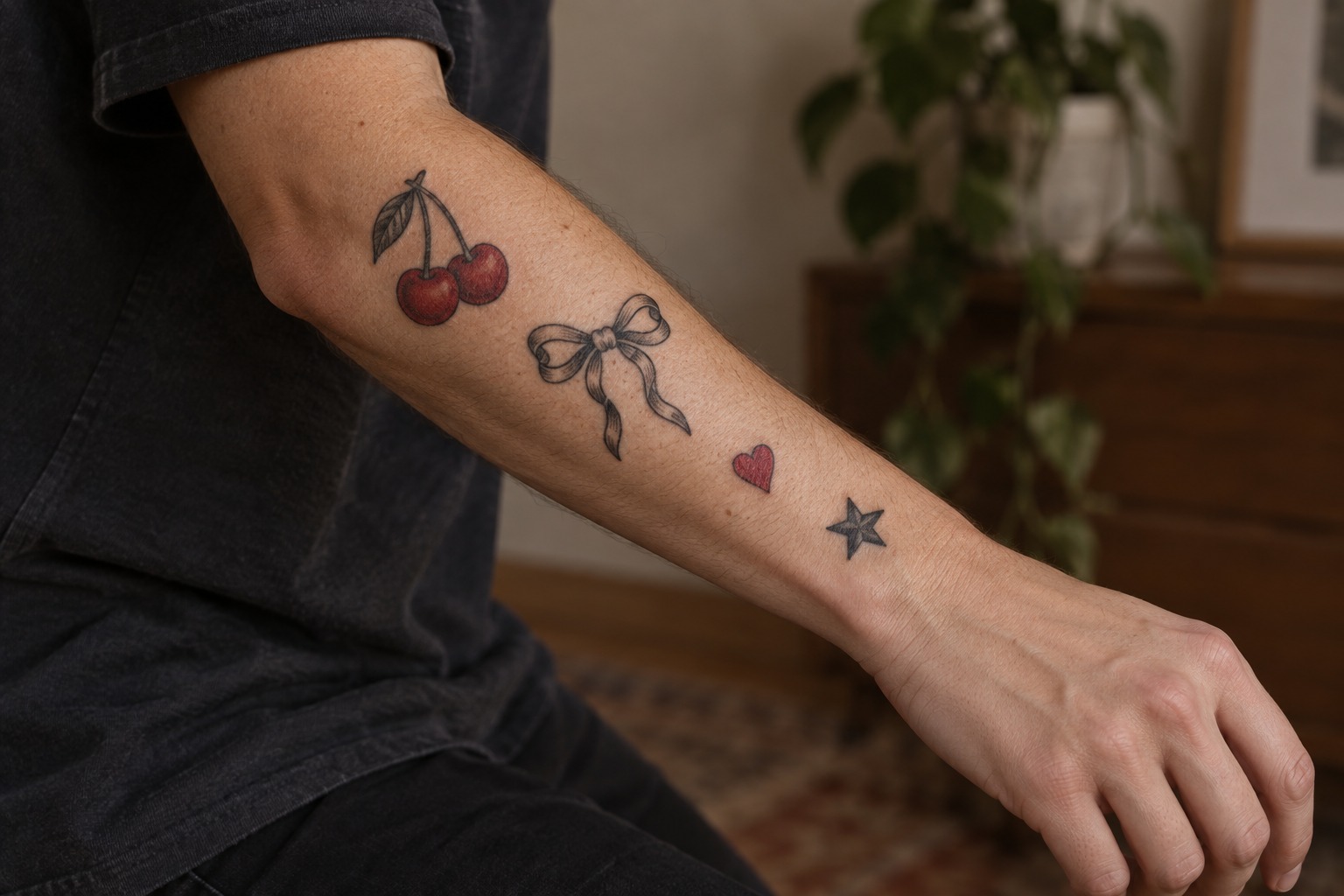 Conceito de patchwork com cerejas vermelhas, laço, coração e estrela