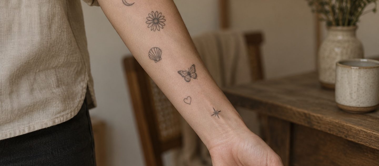 Conceito de patchwork com lua, margarida, concha, borboleta, coração e estrela