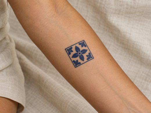 Ilustração de tatuagem de azulejo português azul com flor central no antebraço