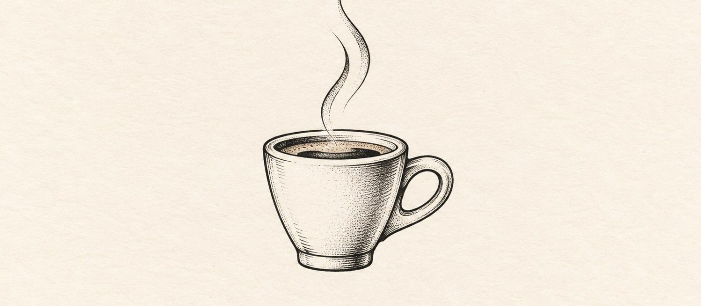 Ilustração digital de chávena de café expresso com duas curvas de vapor em traço preto