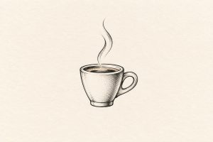 Ilustração digital de chávena de café expresso com duas curvas de vapor em traço preto
