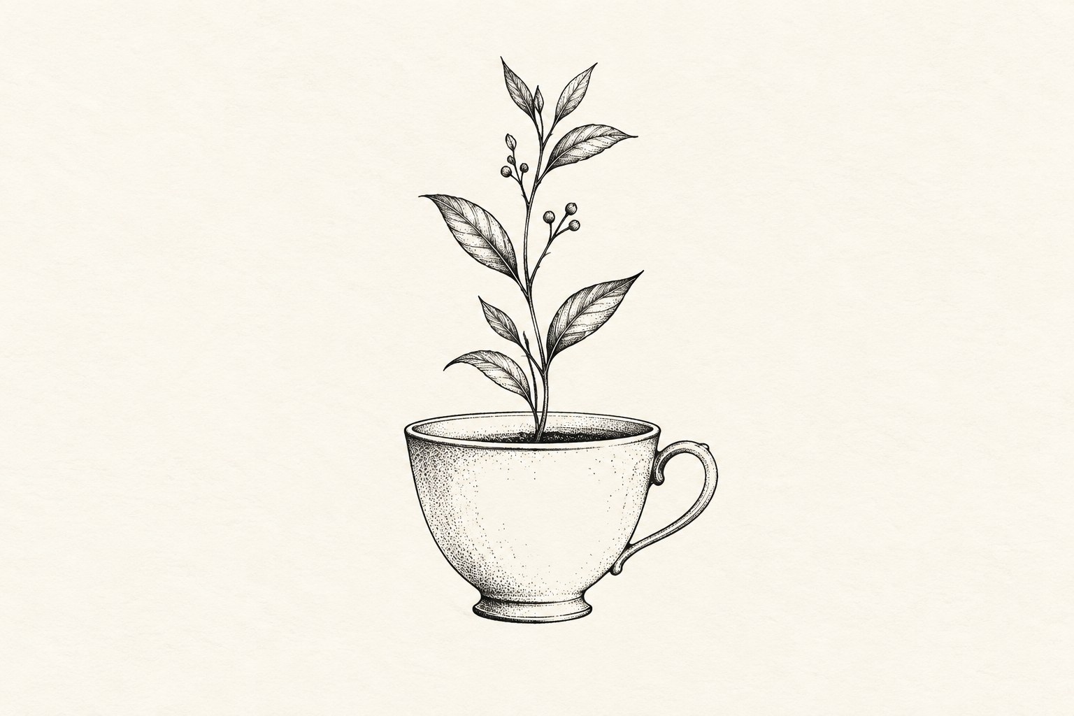 Ilustração digital de chávena de café com ramo botânico e folhas em traço fino