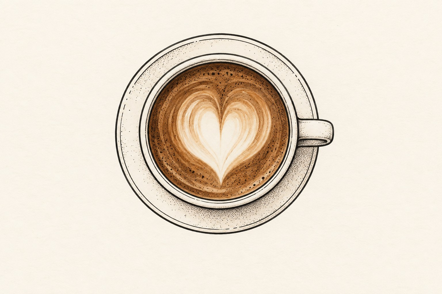 Ilustração digital de chávena de café vista de cima com coração de espuma e tons castanhos