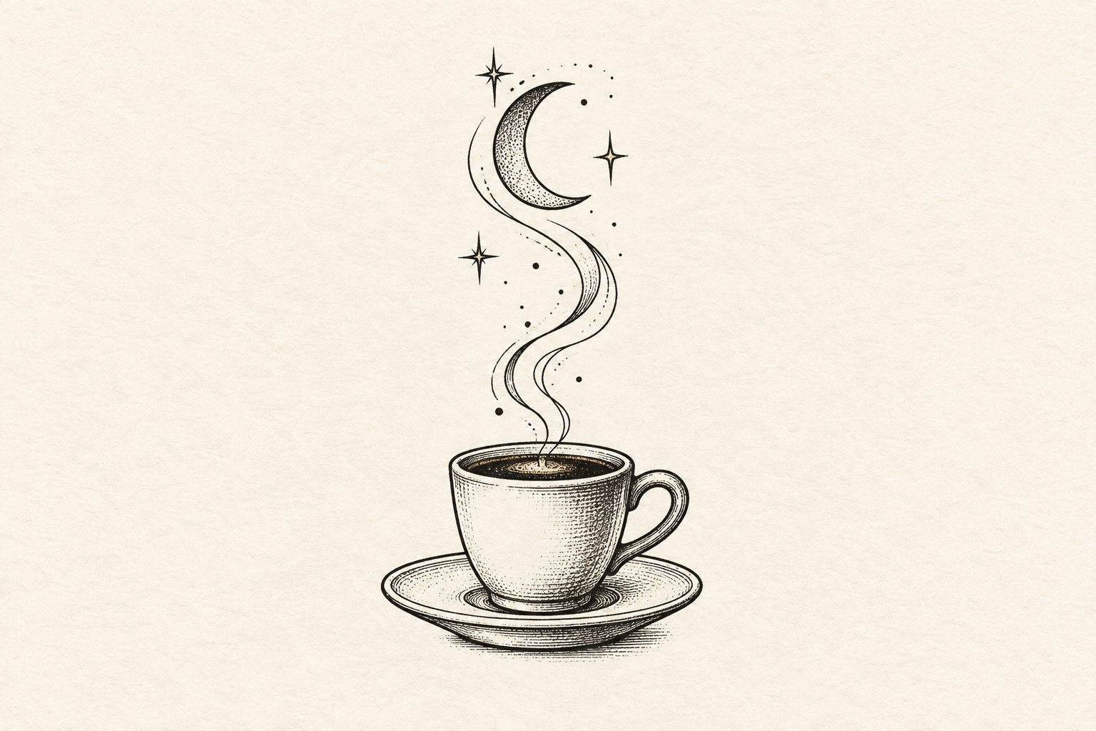 Ilustração digital de chávena de café com pires, lua crescente e estrelas no vapor