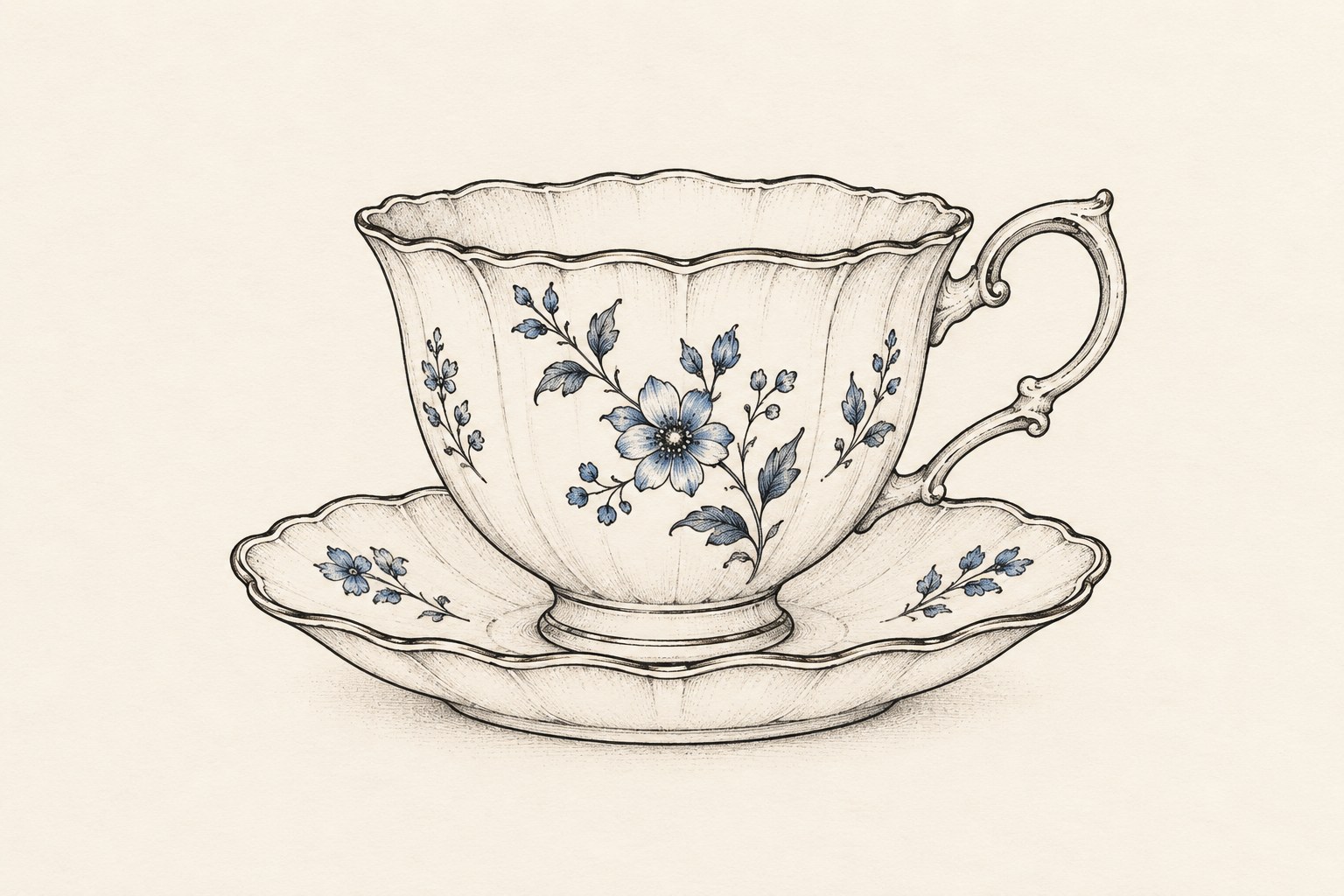 Ilustração digital de chávena vintage com pires e flores azuis