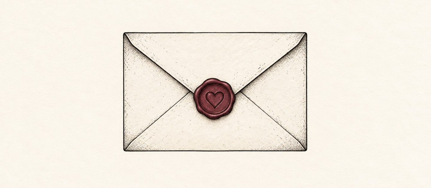 Ilustração digital de envelope fechado com selo de cera vermelho em forma de coração
