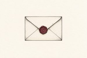 Ilustração digital de envelope fechado com selo de cera vermelho em forma de coração
