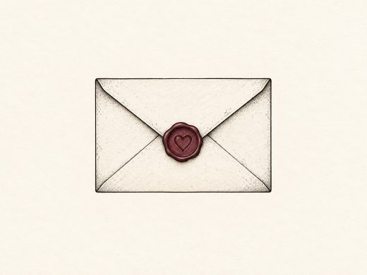 Ilustração digital de envelope fechado com selo de cera vermelho em forma de coração