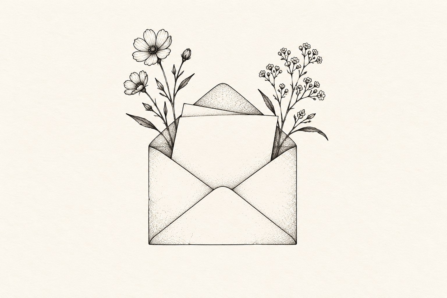 Ilustração digital de envelope aberto com carta em branco e flores silvestres