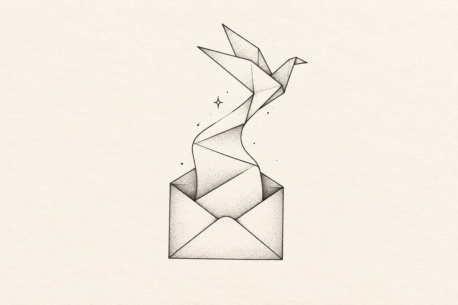 Ilustração digital de envelope aberto cuja folha se transforma numa ave de origami