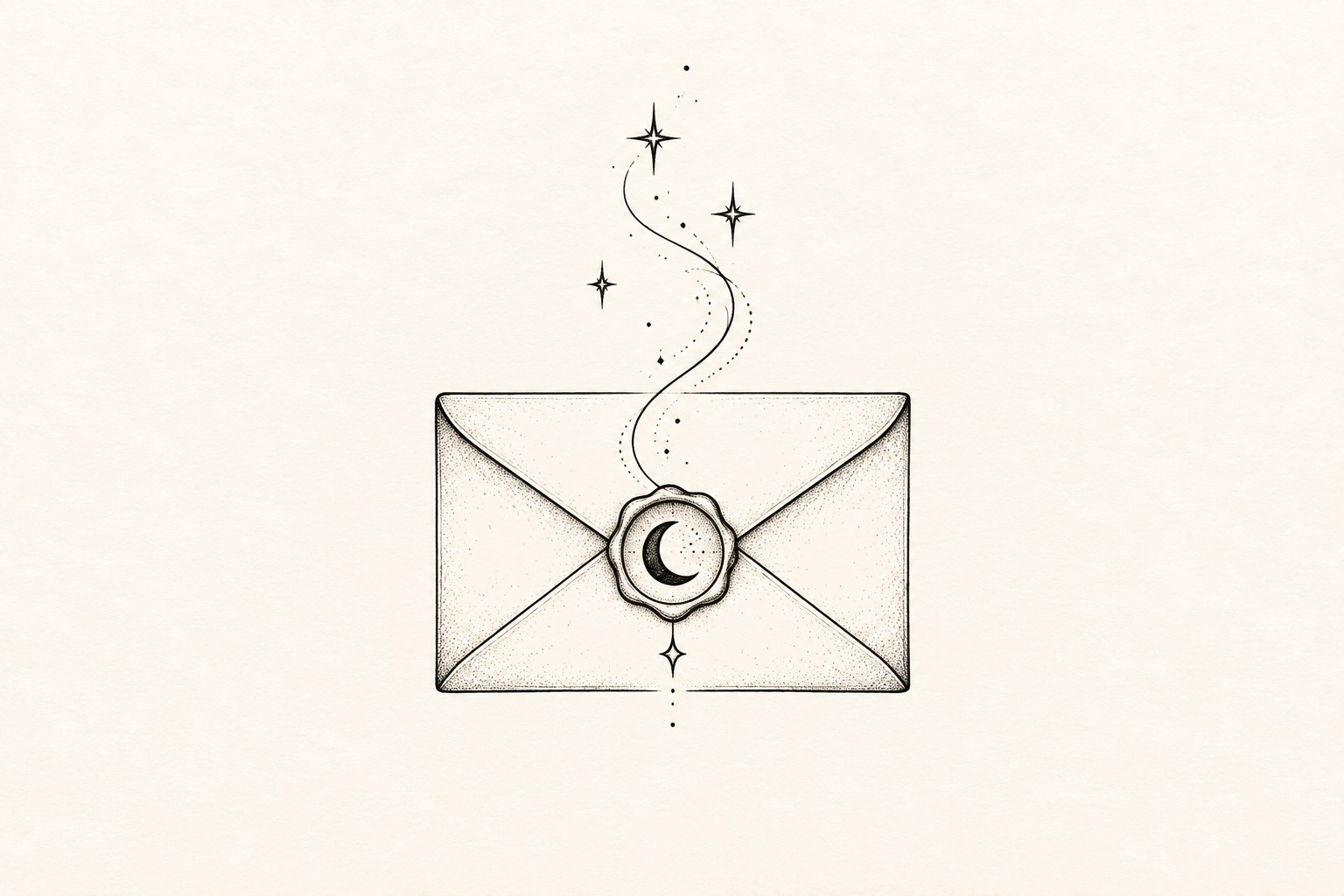 Ilustração digital de envelope fechado com selo de lua crescente e estrelas