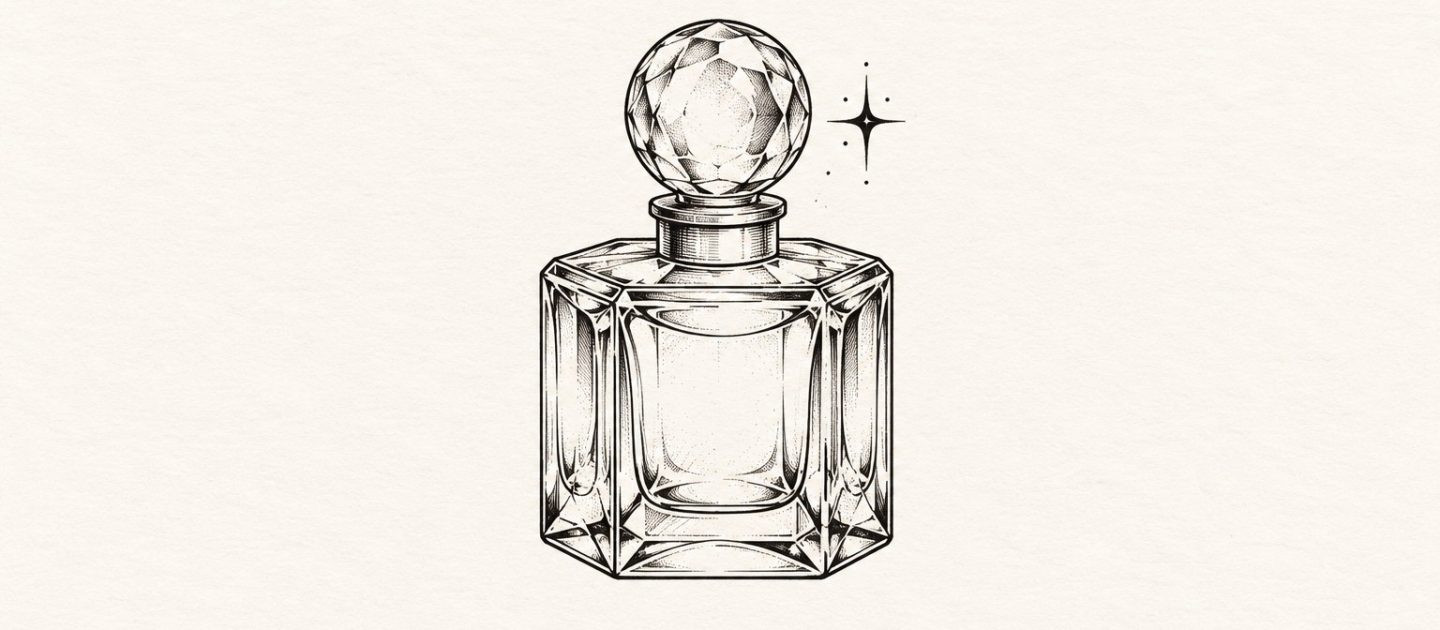 Ilustração digital de frasco de perfume quadrado facetado com tampa redonda e brilho