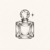 Ilustração digital de frasco de perfume quadrado facetado com tampa redonda e brilho