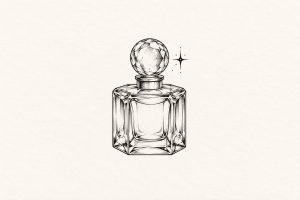 Ilustração digital de frasco de perfume quadrado facetado com tampa redonda e brilho