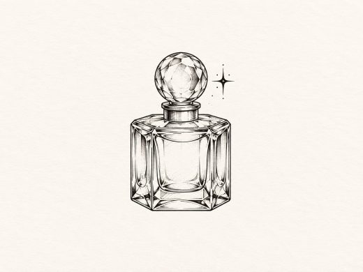 Ilustração digital de frasco de perfume quadrado facetado com tampa redonda e brilho