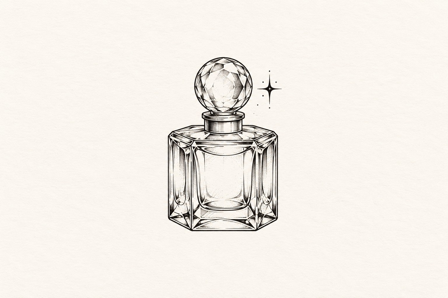 Ilustração digital de frasco de perfume quadrado facetado com tampa redonda e brilho