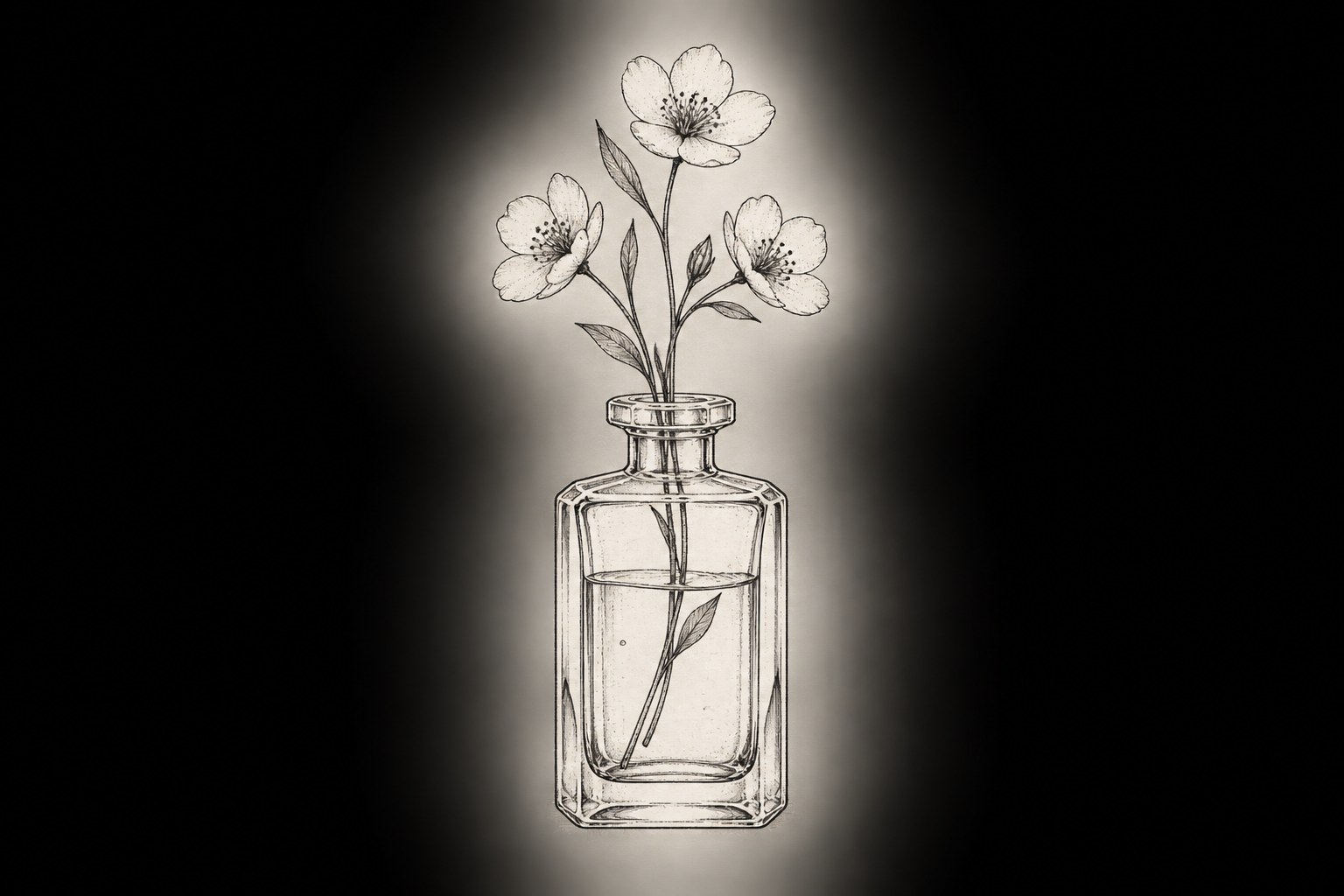 Ilustração digital de frasco de perfume transparente com flores e hastes botânicas