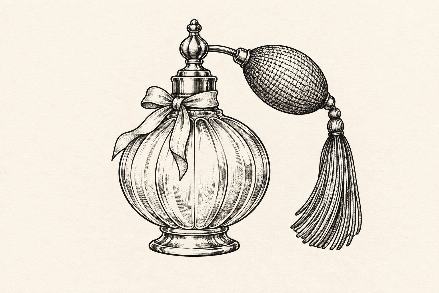 Ilustração digital de frasco de perfume vintage com atomizador, laço e borla