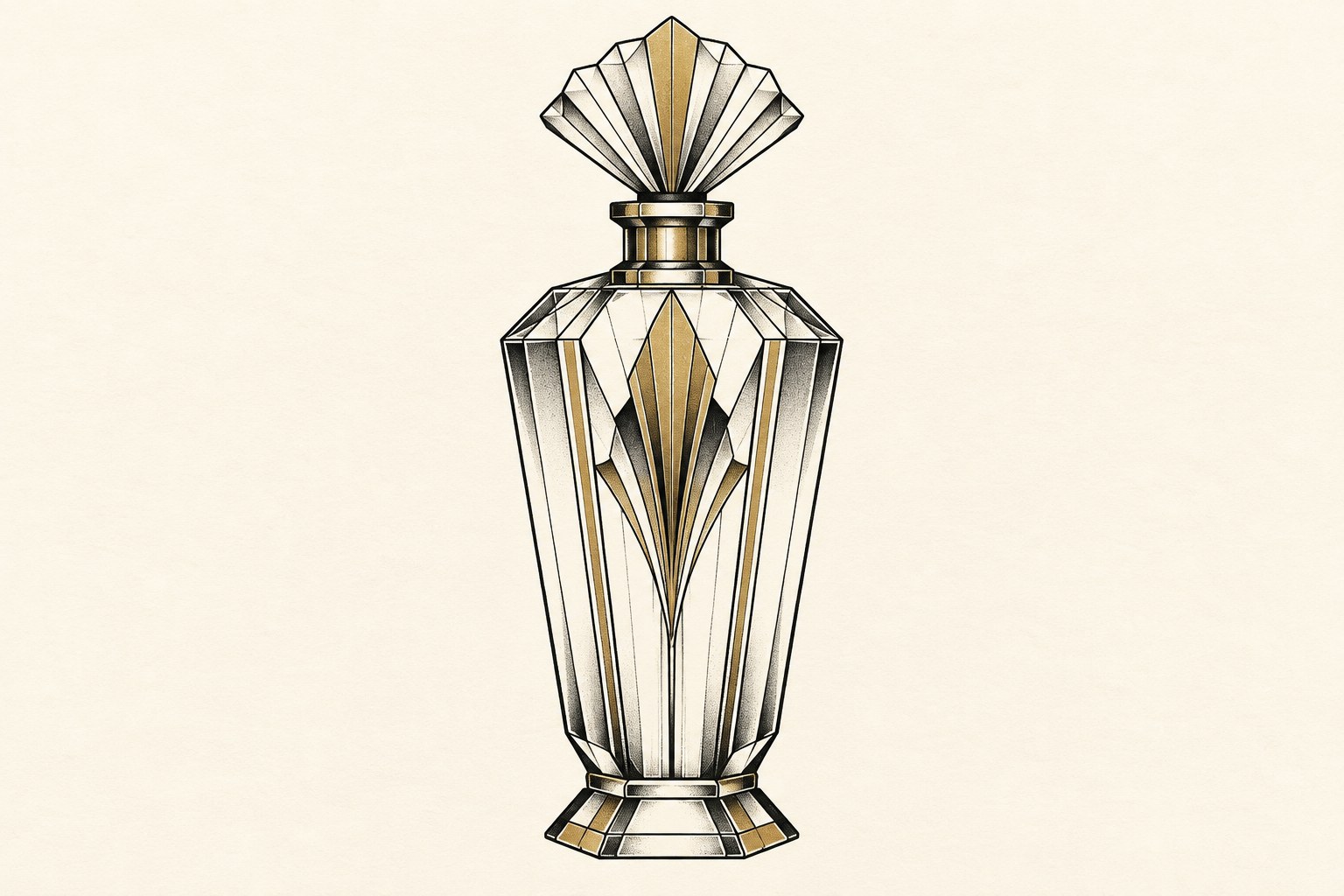 Ilustração digital de frasco de perfume Art Déco geométrico com detalhes dourados