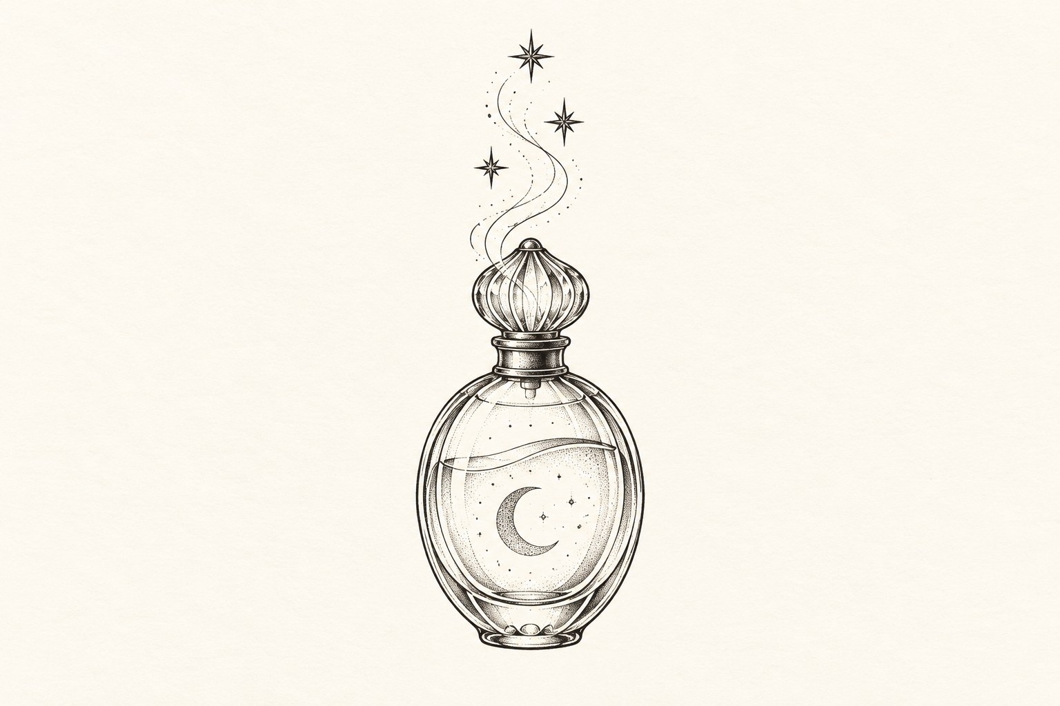 Ilustração digital de frasco de perfume oval com lua crescente e estrelas