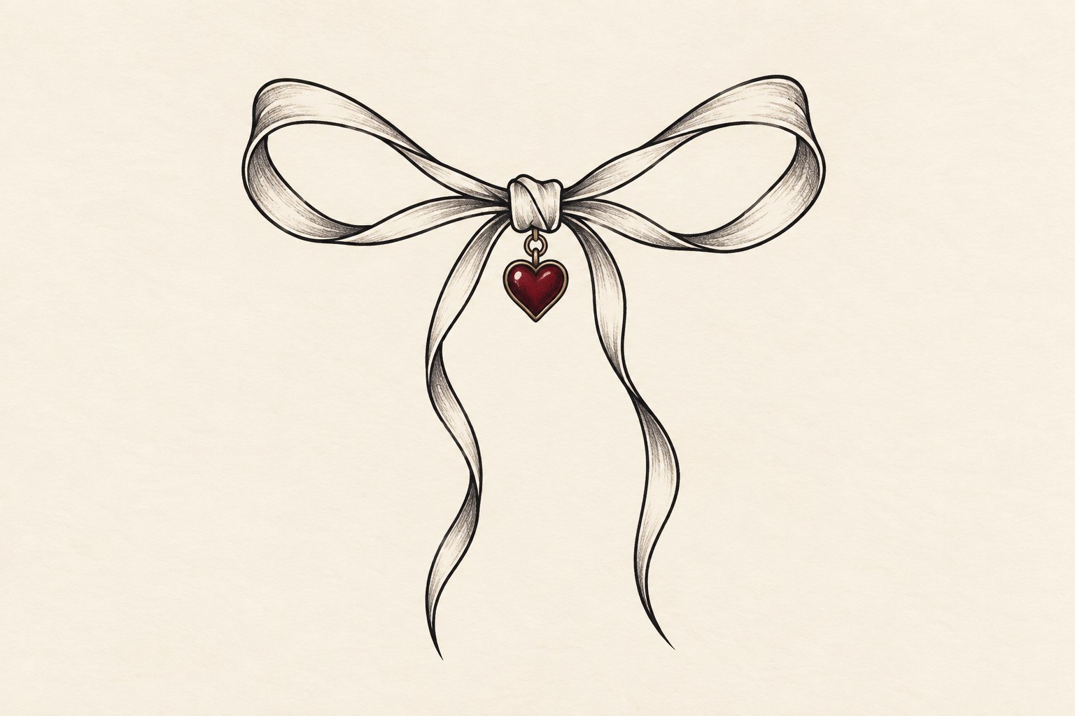 Ilustração digital de tatuagem de laço fino com pequeno pendente de coração bordô