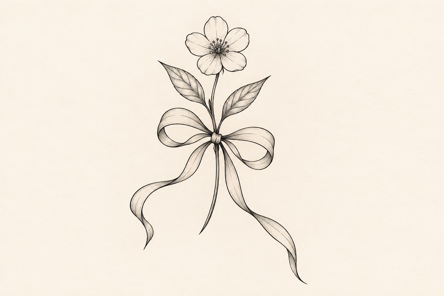 Ilustração digital de tatuagem de laço atado a uma flor silvestre