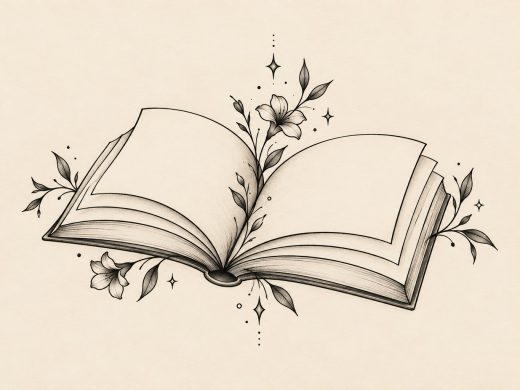 Ilustração digital de livro aberto em perspetiva com flores, folhas e pequenas estrelas