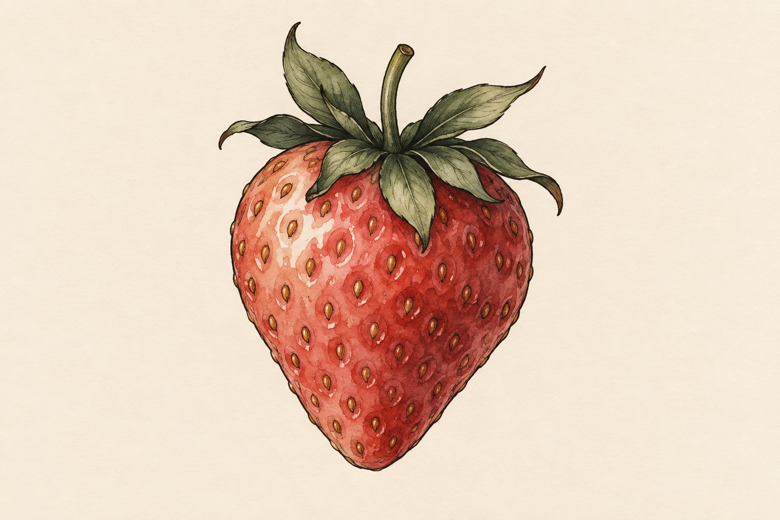 Ilustração digital de tatuagem de morango vermelho em aguarela com folhas verdes