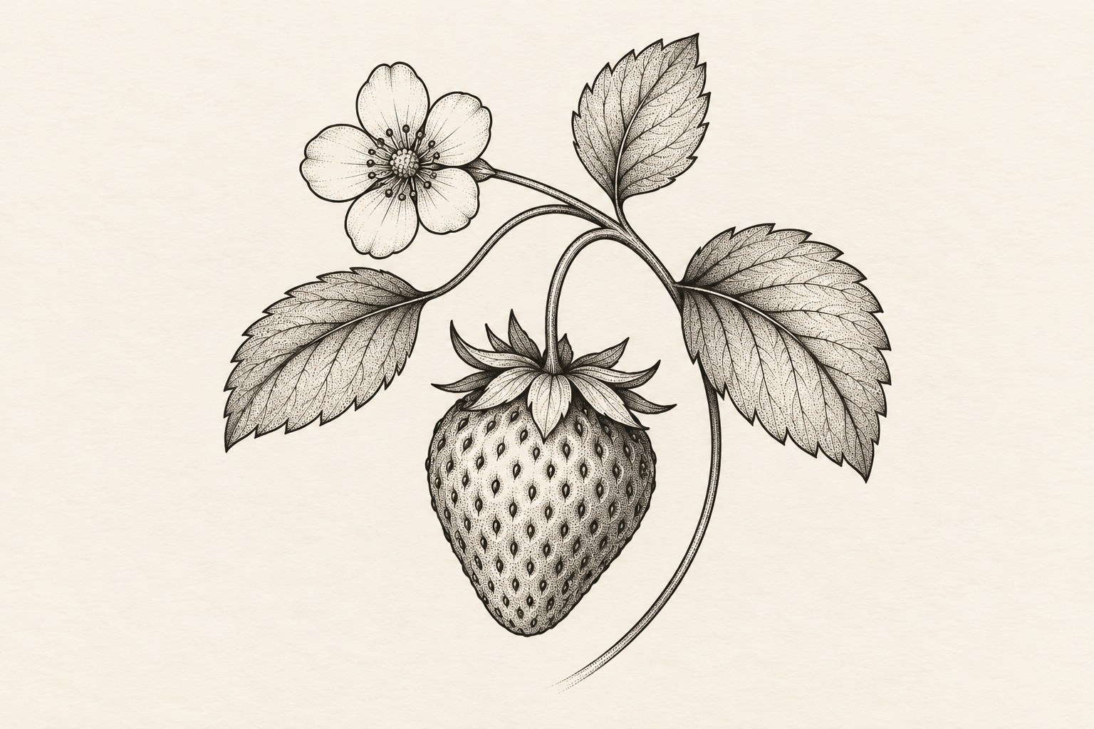 Ilustração digital de tatuagem de morango botânico com flor e três folhas
