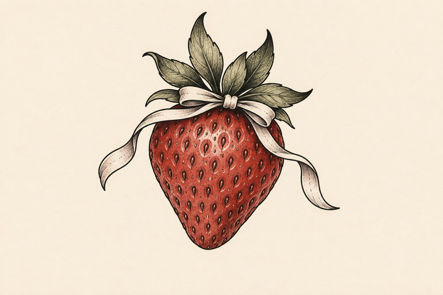 Ilustração digital de tatuagem de morango vermelho com pequeno laço junto às folhas