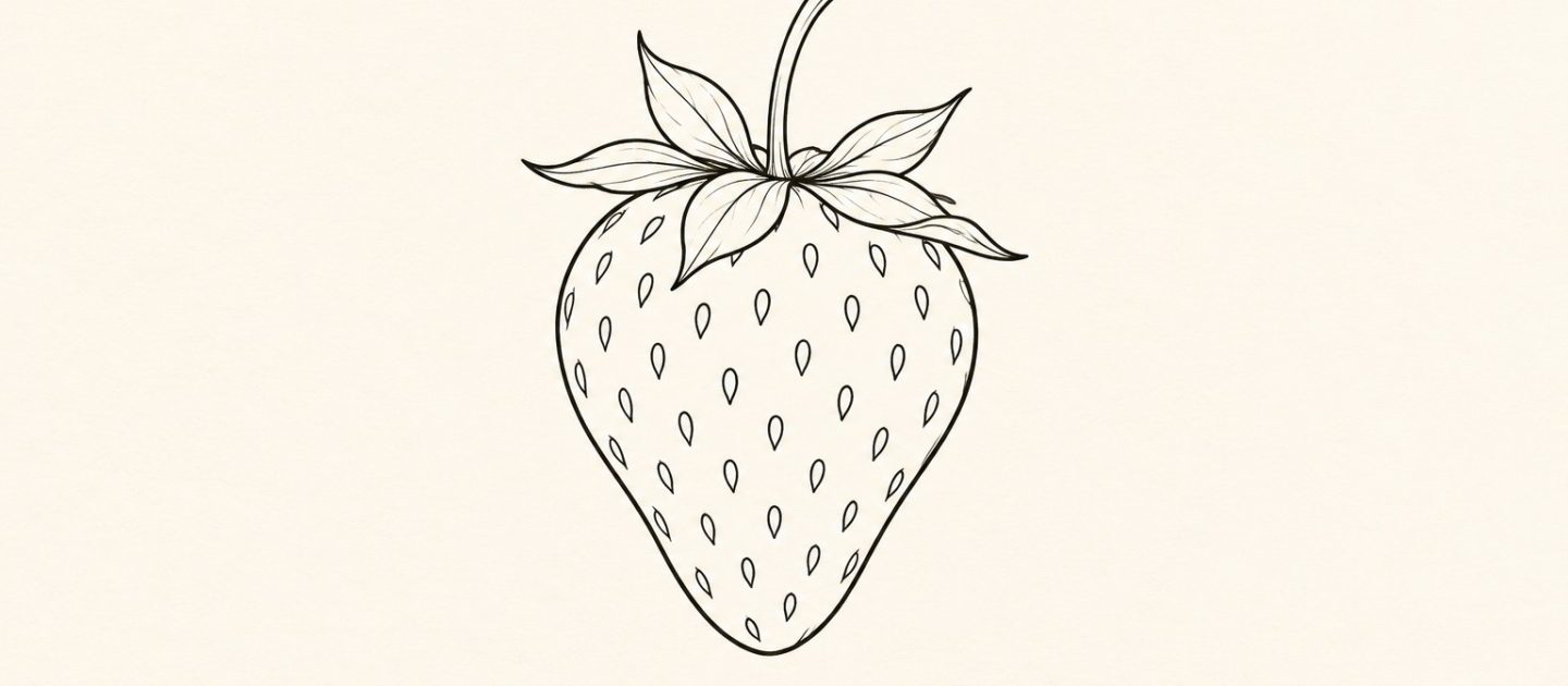 Ilustração digital de tatuagem de morango minimalista apenas com contorno e sementes
