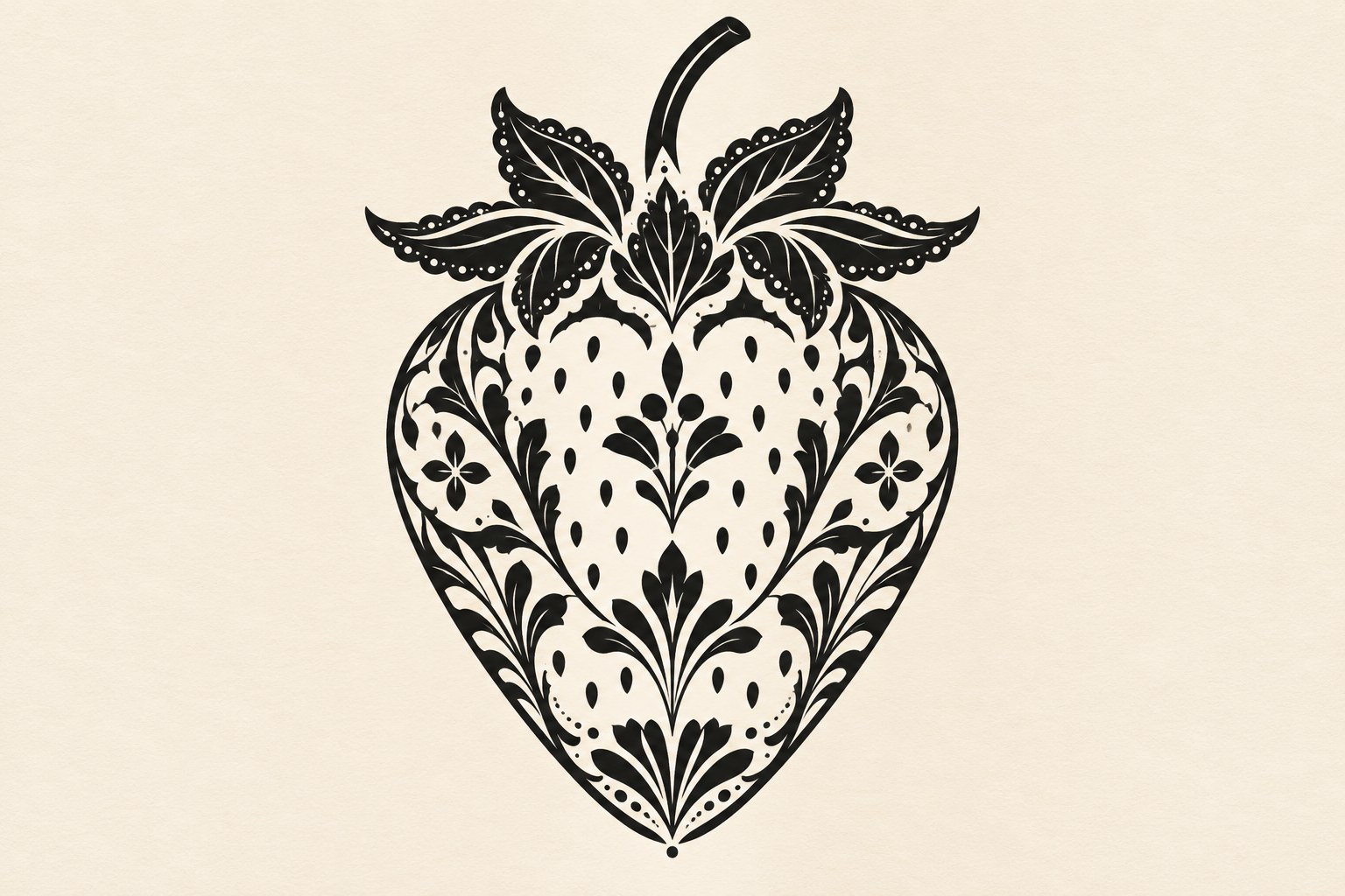 Ilustração digital de tatuagem de morango ornamental com recortes botânicos a preto