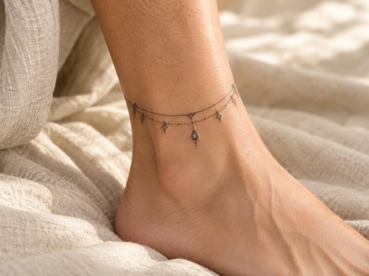 Ilustração de tatuagem ornamental no tornozelo com linhas delicadas e pendente em gota