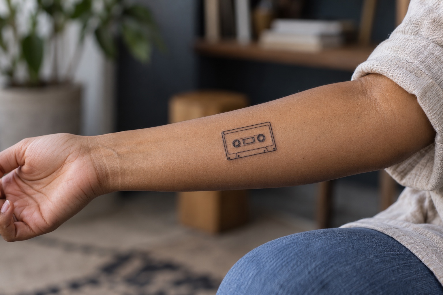 Fita cassete minimalista em traço fino tatuada no antebraço interno de uma mulher adulta.