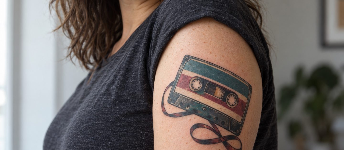 Fita cassete colorida tatuada no braço externo de uma mulher adulta.