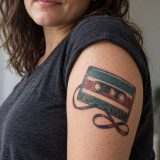 Fita cassete colorida tatuada no braço externo de uma mulher adulta.