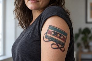 Fita cassete colorida tatuada no braço externo de uma mulher adulta.