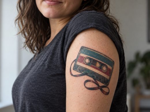 Fita cassete colorida tatuada no braço externo de uma mulher adulta.