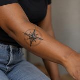 Rosa dos ventos de oito pontas tatuada no antebraço de uma mulher adulta.