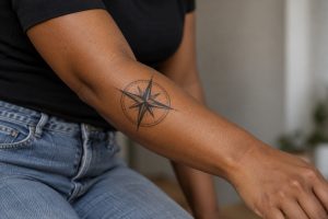 Rosa dos ventos de oito pontas tatuada no antebraço de uma mulher adulta.