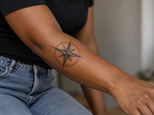 Rosa dos ventos de oito pontas tatuada no antebraço de uma mulher adulta.