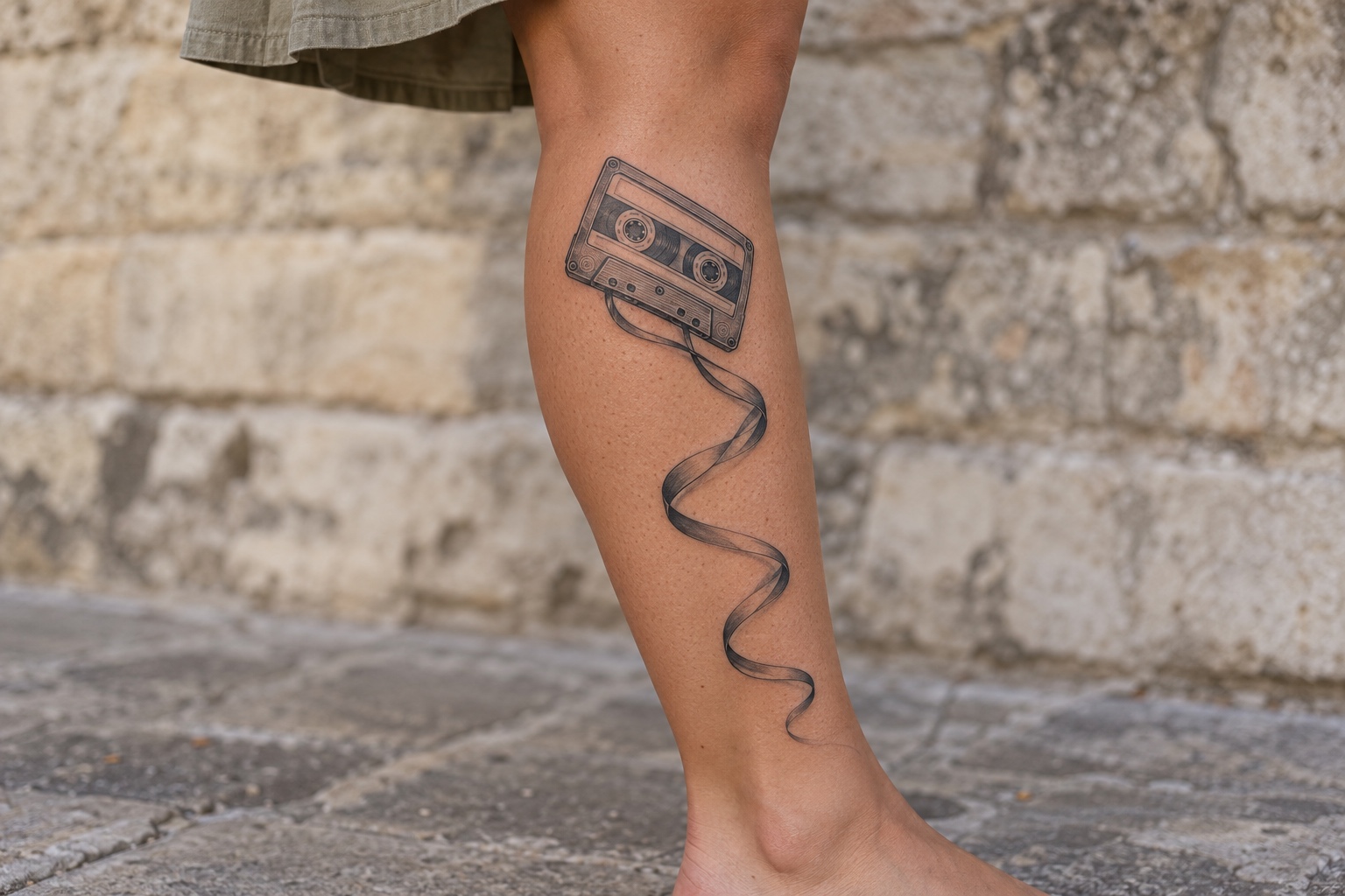 Fita cassete com fita magnética em curva tatuada na panturrilha de uma mulher adulta.