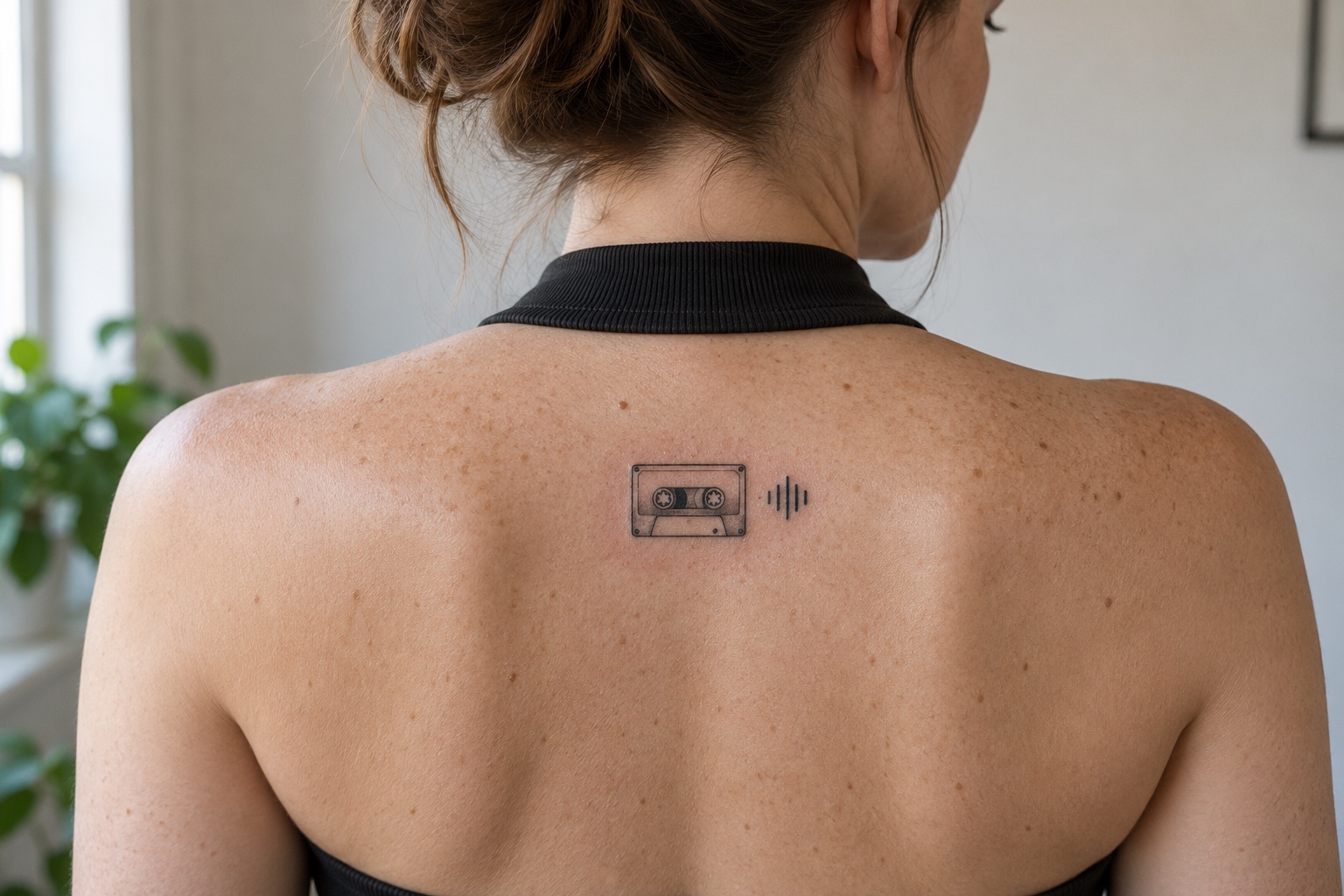 Fita cassete com pequena onda sonora tatuada no alto das costas de uma mulher adulta.