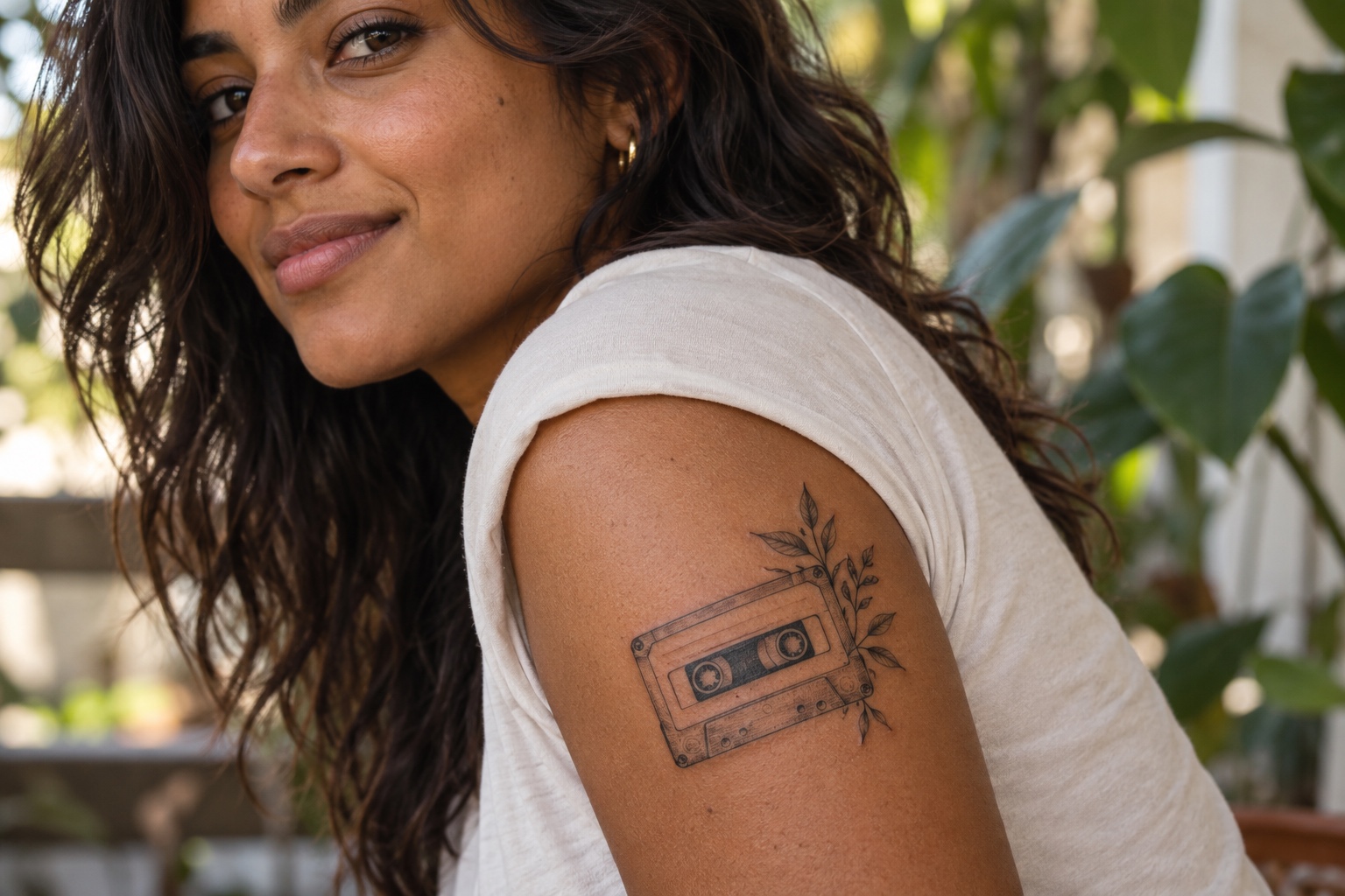 Fita cassete acompanhada por ramo delicado tatuada no braço de uma mulher adulta.