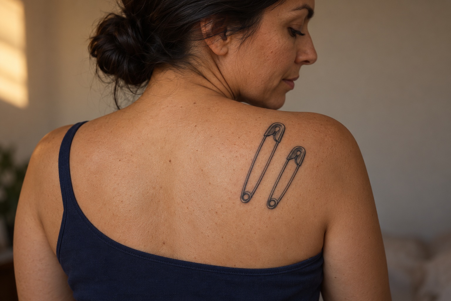 Dois alfinetes de segurança fechados nas costas superiores de mulher adulta