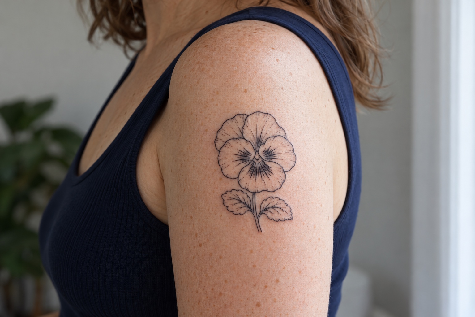 Flor de amor-perfeito em contorno preto na parte externa do braço de mulher adulta