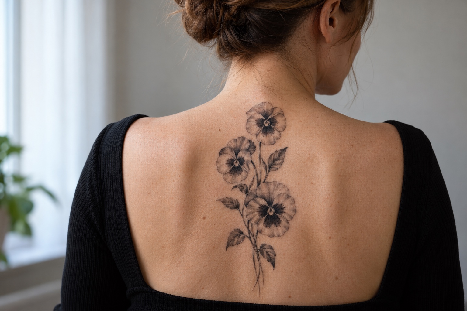 Ramo de três flores de amor-perfeito em preto e cinza nas costas superiores femininas