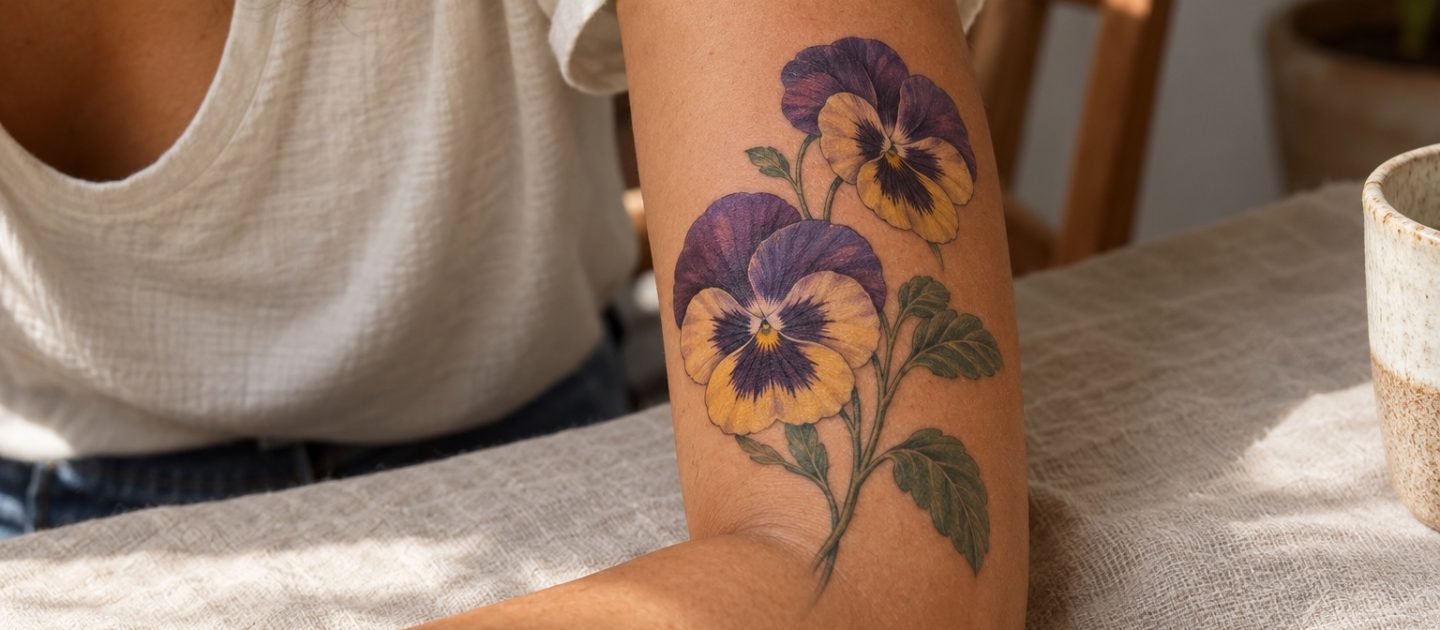 Duas flores de amor-perfeito roxas e amarelas na parte interna do braço feminino